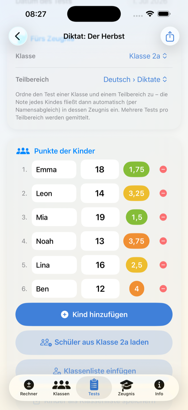 Screenshot: Test-Noten