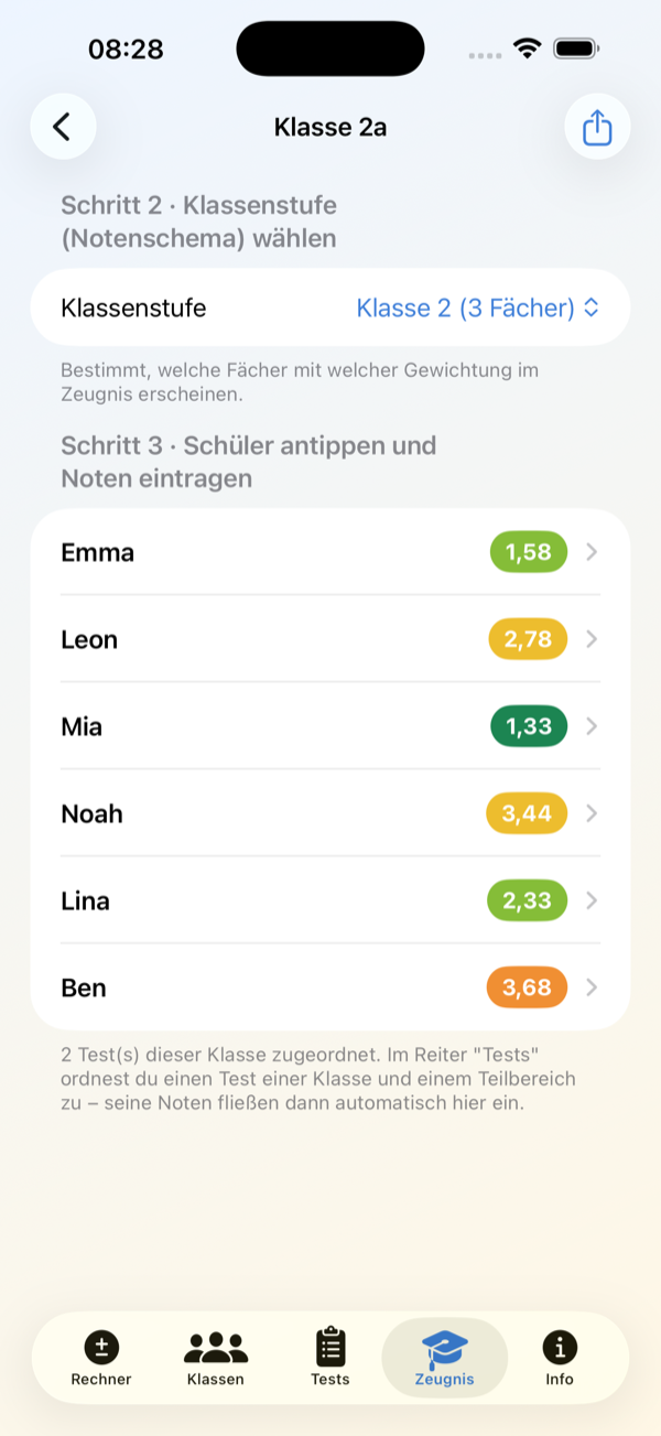 Screenshot: Zeugnis Klasse