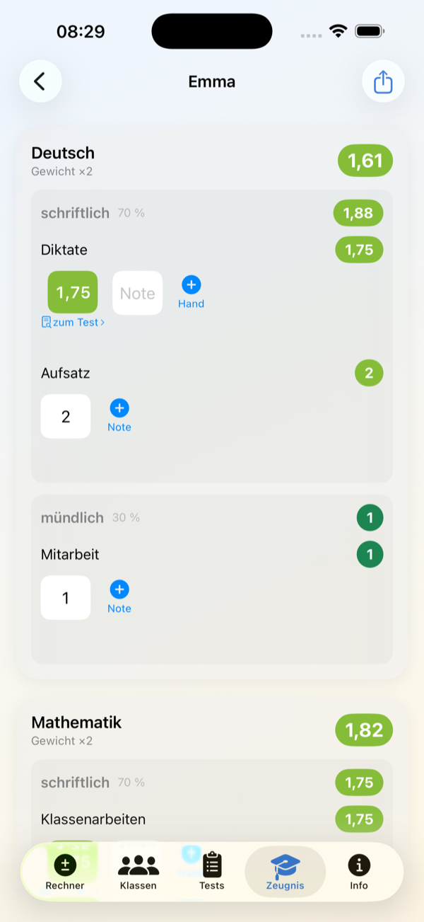 Screenshot: Zeugnis Kind