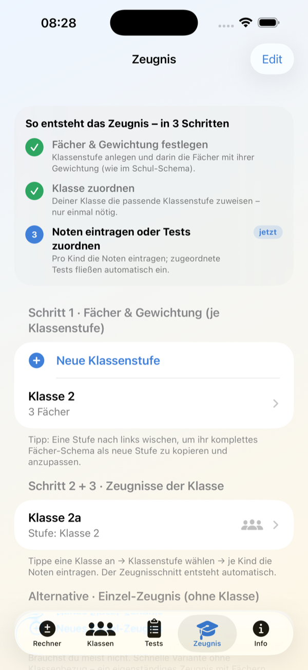 Screenshot: Zeugnisübersicht